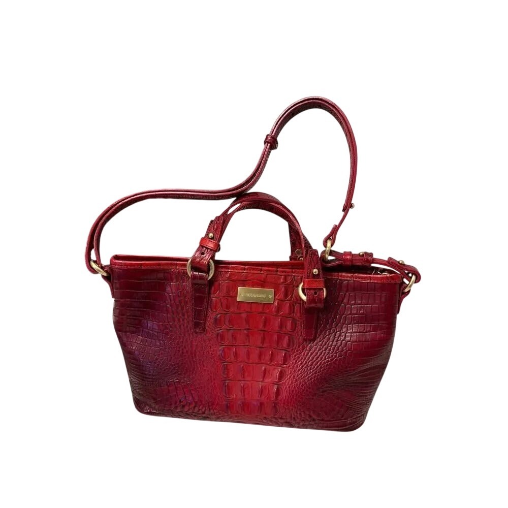 Brahmin Red Croc Embossed Leather Satchel Crossbody Bag Gold Hardware